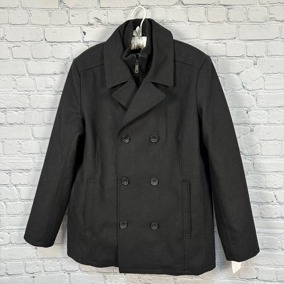 Kenneth Cole Double Breasted Wool Blend Peacoat Jacket, Size Large,‎ Black, NWOT - Picture 1 of 14